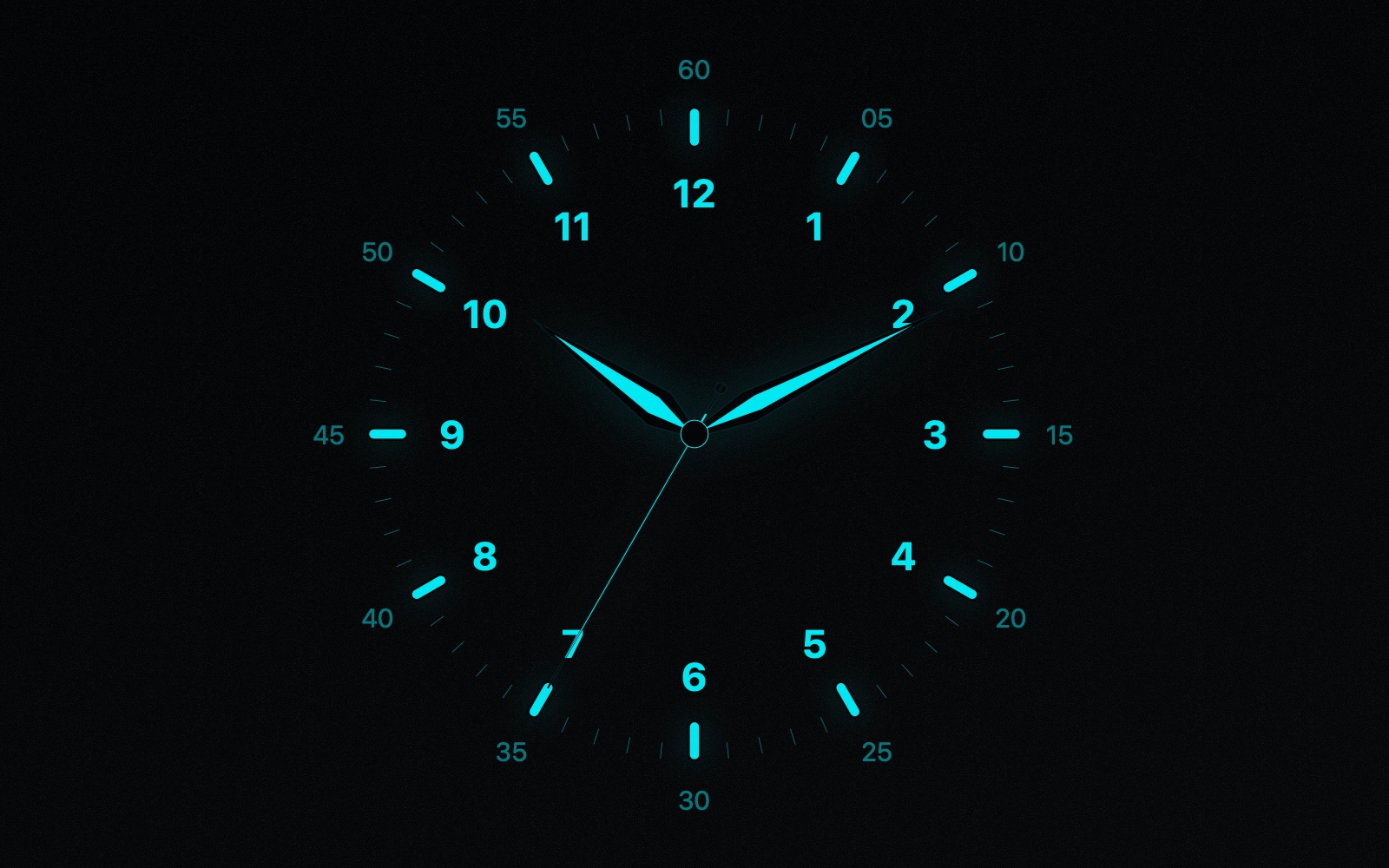 Noir clock dial with luminous cyan Dauphine hour and minute hands and a fine Needle second hand